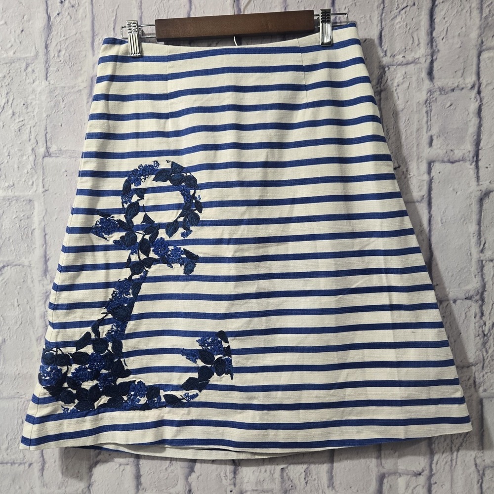 Boden Nautical Skirt US 6L  A Line Anchor Striped Pure Cotton blue White EUC